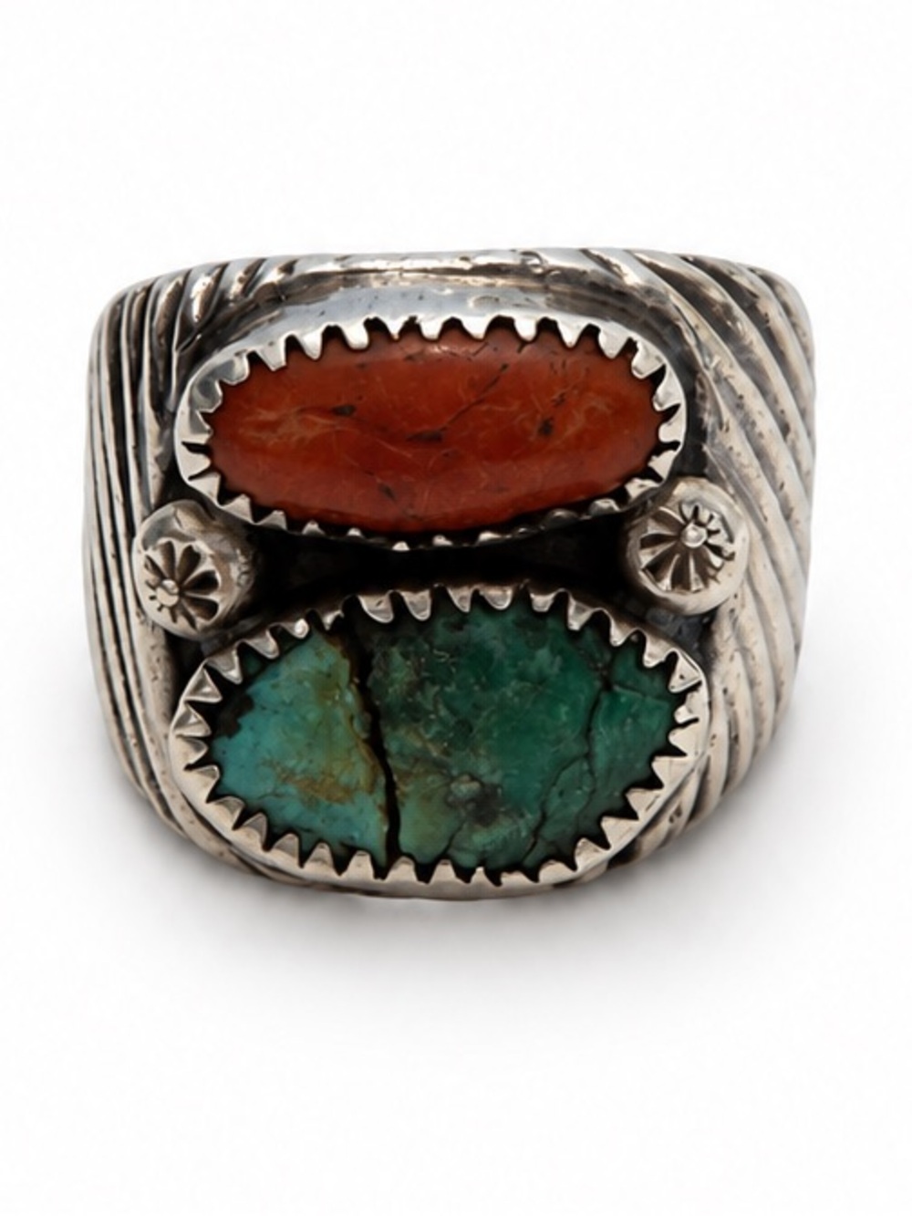 Vintage Rose Lincoln Navajo Sterling Turquoise Coral Ring Size 10, 18g